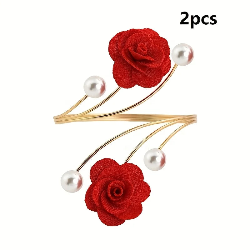 Two sets of red rose pattern curtain ties with gold metal wires and pearl beads