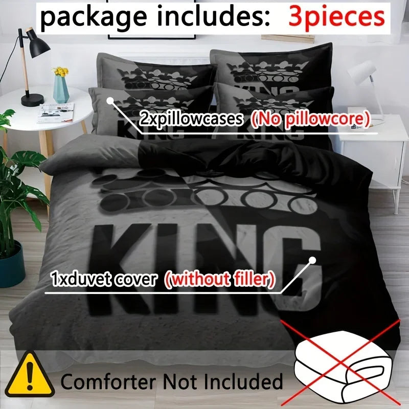 A set of black and grey bedding includes three pieces: two pillowcases and a duvet cover.