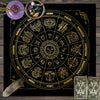 A circular gold-on-black tarot chart with twelve zodiac signs and planetary symbols, surrounded by a purple stone and tarot c