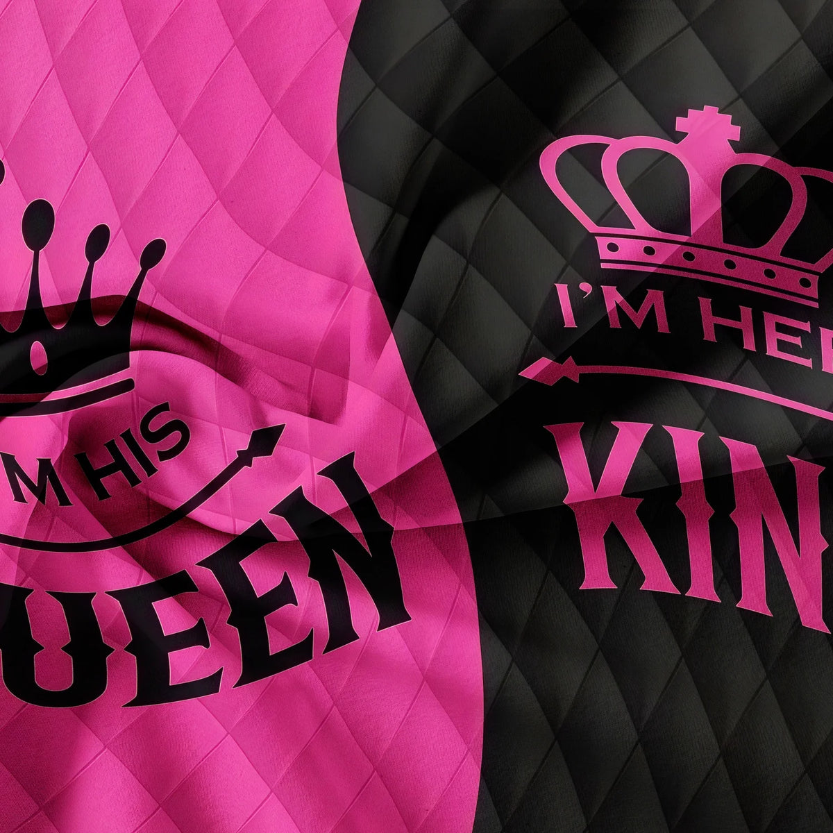 A pink and black quilted fabric design featuring a crown motif for a romantic king and queen duvet cover set.