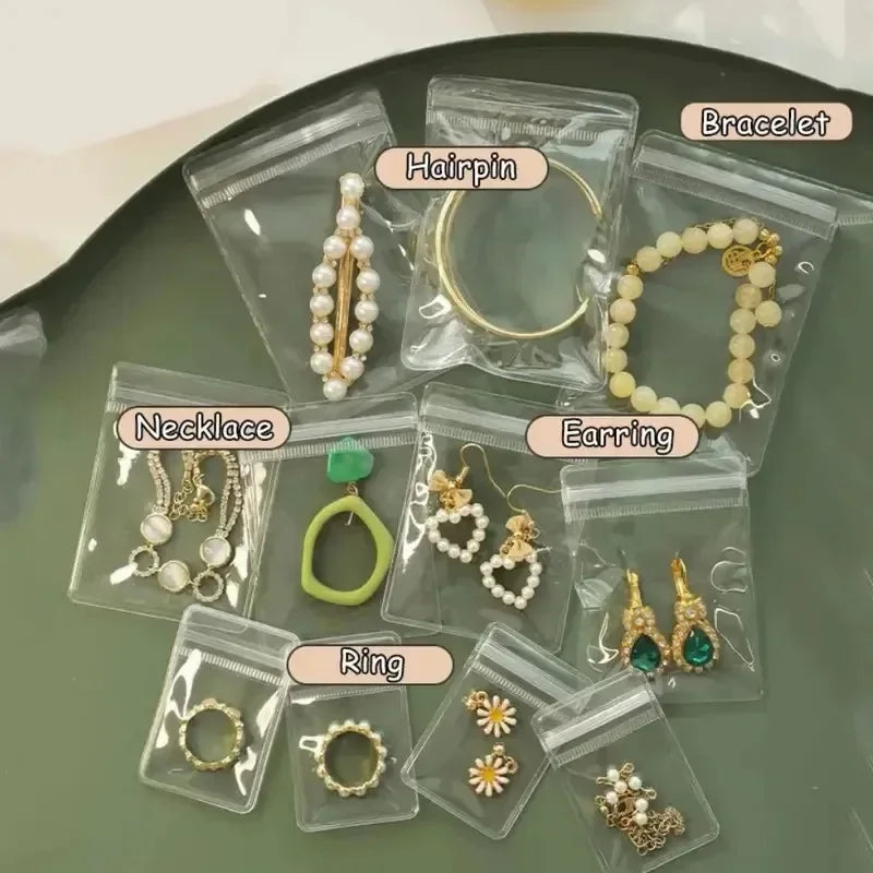 Various pieces of jewelry like earrings necklaces rings and bracelets are stored in clear plastic self-sealing bags