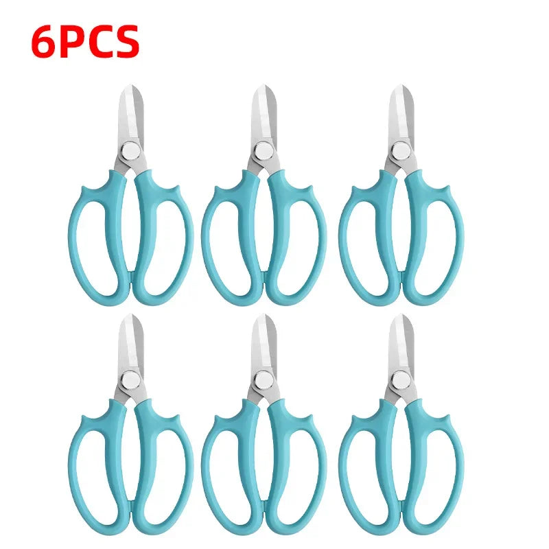 Six pairs of precision floral and bonsai shears with comfort grips shown in a white background.