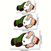A cartoon illustration of a person wearing olive green pants and a white shirt, shown in various sizes.