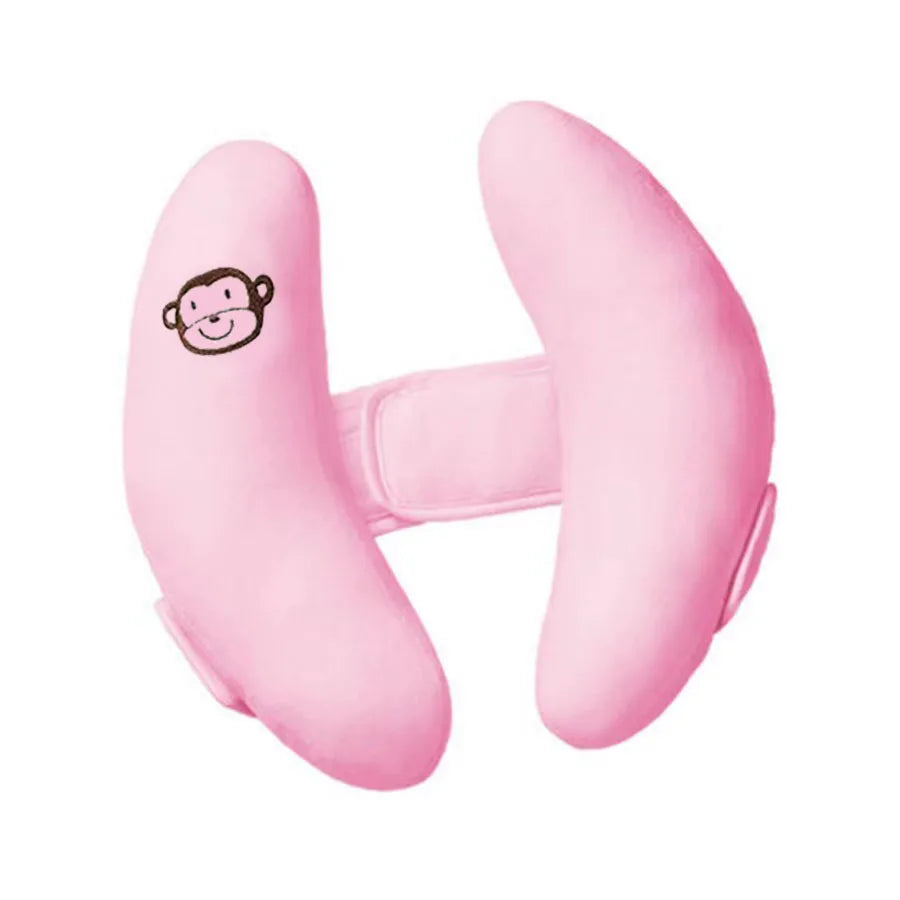 A pink baby head and neck support pillow designed for strollers and car seats.