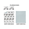 Three pillowcase heads, duvet cover heads, and duvet cover tails in gray and white heart patterns.