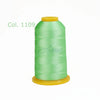 A spool of bright green high tenacity polyester embroidery thread labeled Col. 1109