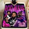 A graphic print featuring a group of men in urban style posing against a purple and black background on a fleece throw blanke