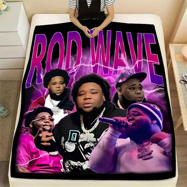 A graphic print featuring a group of men in urban style posing against a purple and black background on a fleece throw blanke