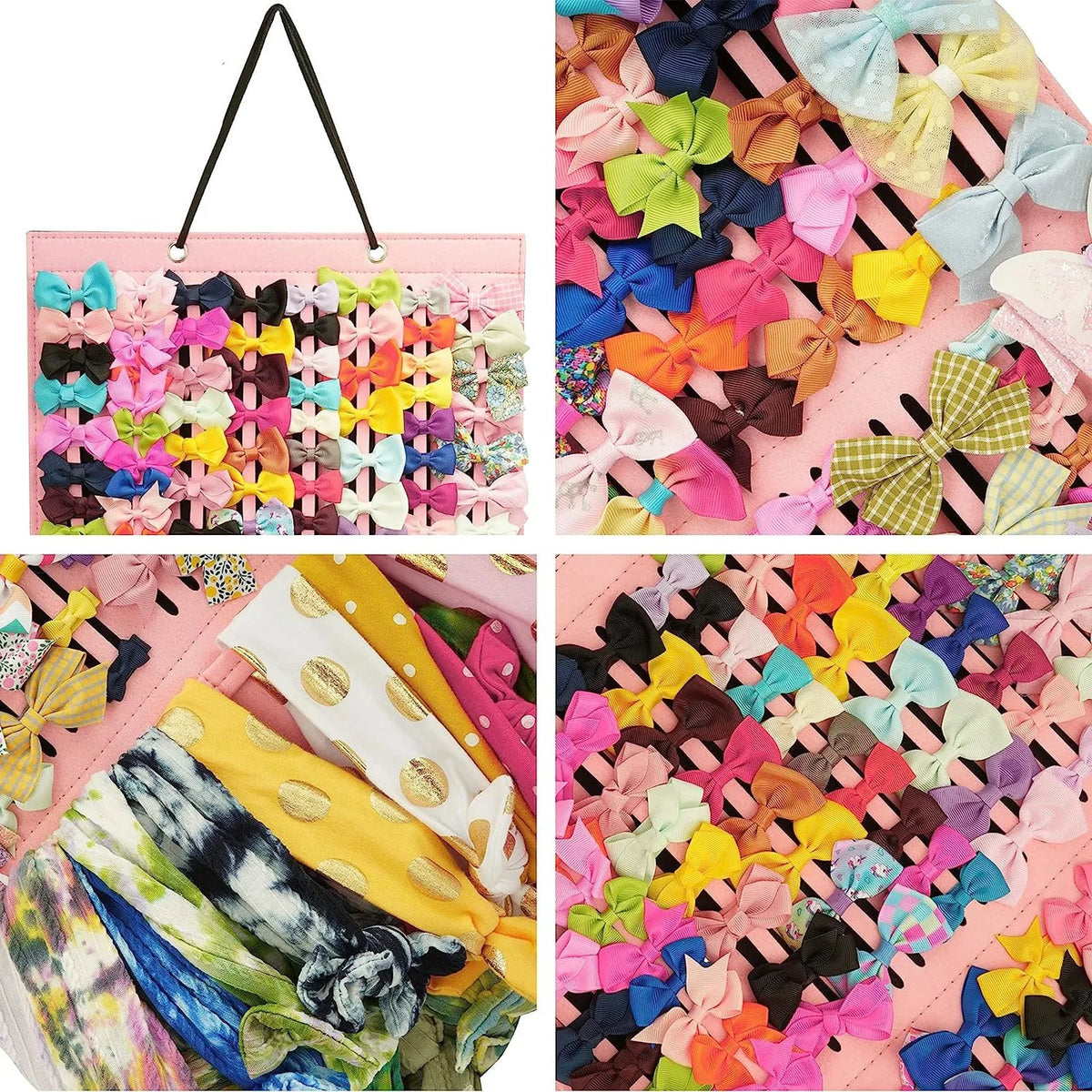 A pink storage hanger displaying numerous colorful fabric hair clips and accessories.