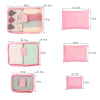 A set of six pink and pastel colored pouch organizers for travel storage.