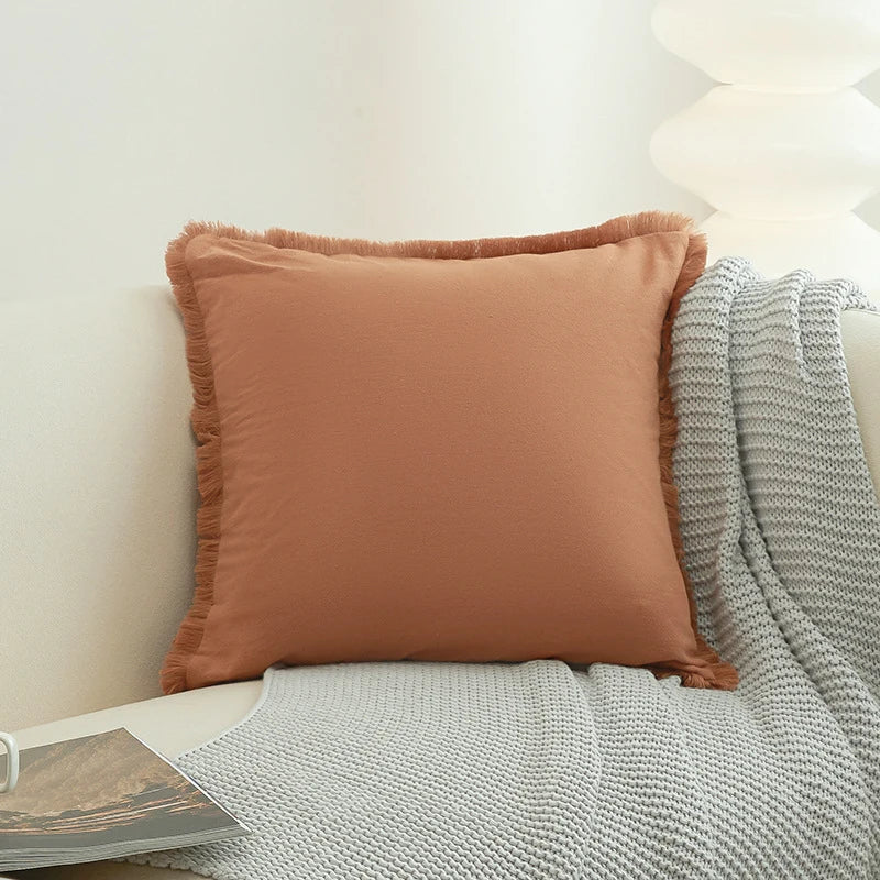 Washed Cotton Solid Cushion Cover with Tassel Fringe