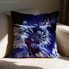 A dark blue and purple anime style monster print pillow cover featuring a fierce dragon silhouette against a starry night sky