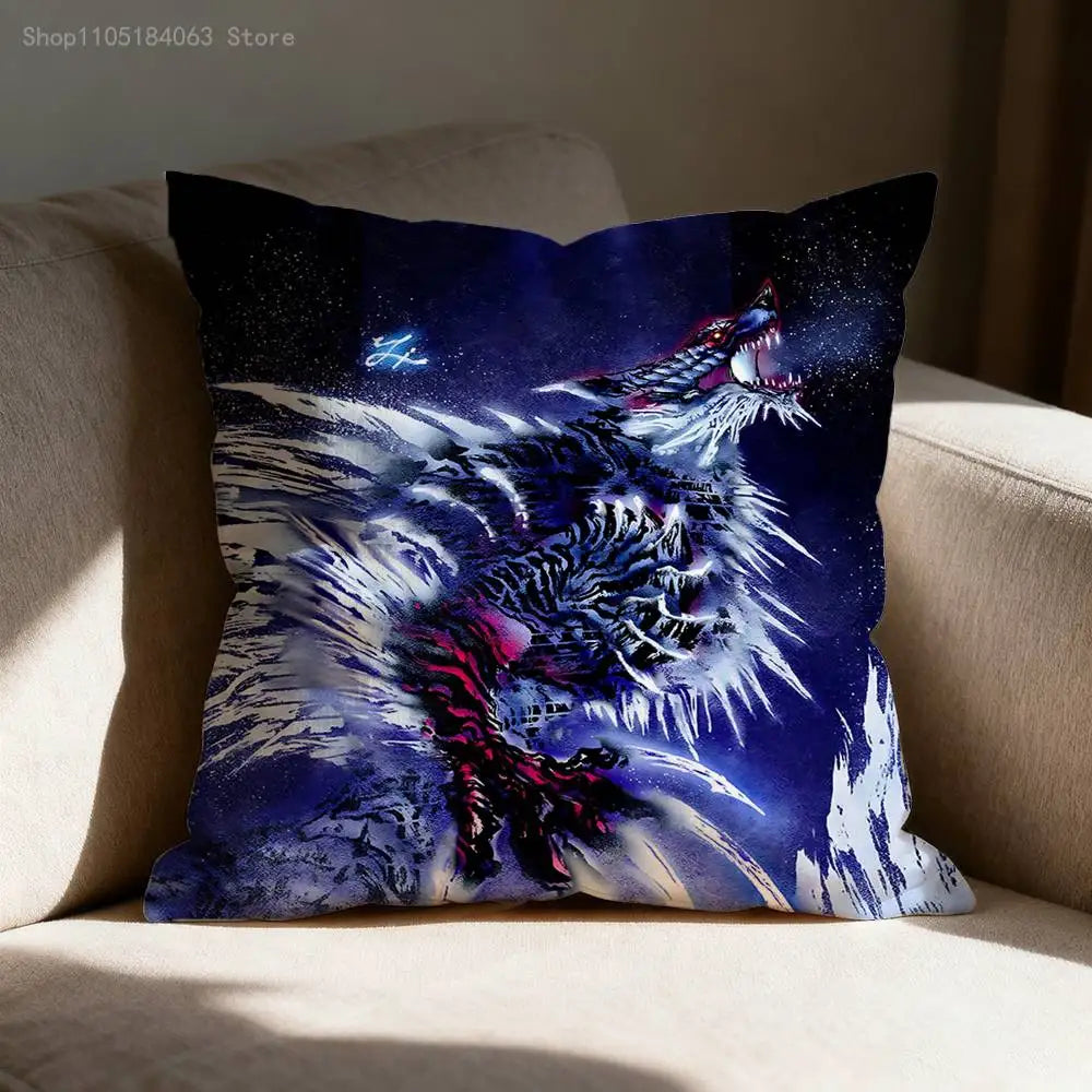 A dark blue and purple anime style monster print pillow cover featuring a fierce dragon silhouette against a starry night sky