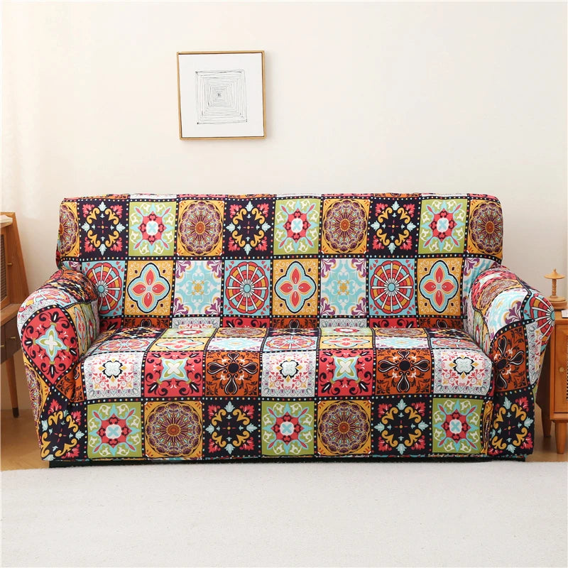 A colorful stretch floral elastic sofa cover featuring intricate geometric patterns and rich jewel tones.