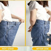 Before and after images showing an adjustable alloy button clip used for tightening the waist of blue jeans.