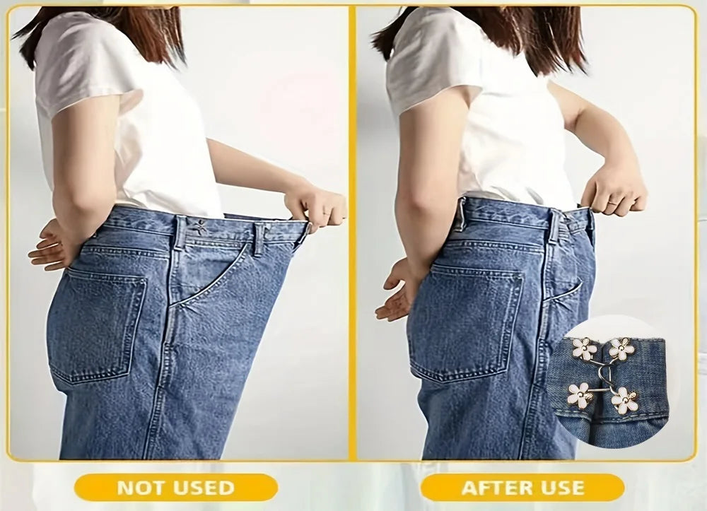 Before and after images showing an adjustable alloy button clip used for tightening the waist of blue jeans.