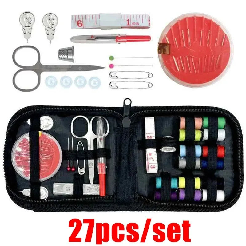 A set of DIY mini sewing tools including scissors, needles, and various crafting implements in a black pouch.