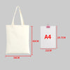 A white canvas tote bag with handles shown next to an A4 sized paper for scale.