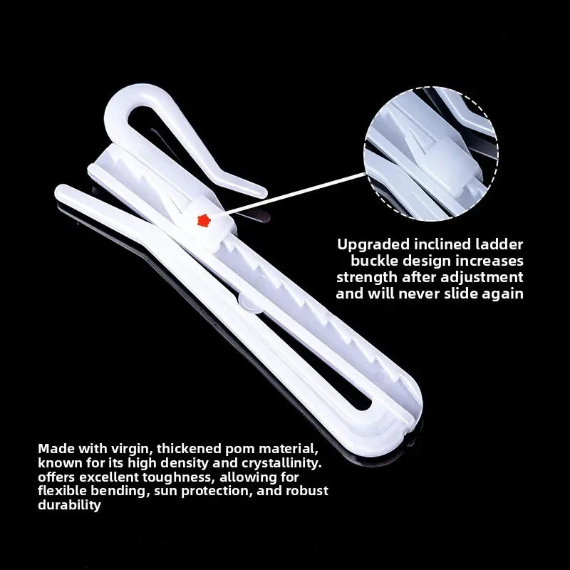 White plastic curtain hanging hooks shown with an upgraded inclined buckle design and material details.