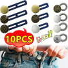 Ten metal button extenders in various sizes and finishes are shown being used on denim fabric.