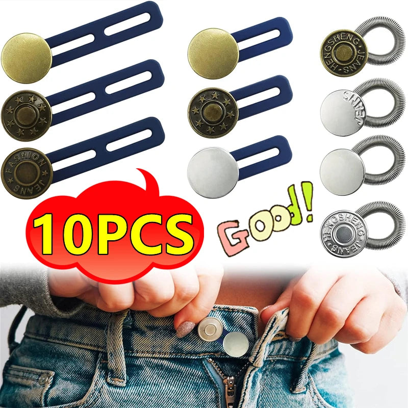 Ten metal button extenders in various sizes and finishes are shown being used on denim fabric.