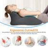 A person is lying down using an ergonomic curved fit memory foam wedge pillow for neck and arm support.