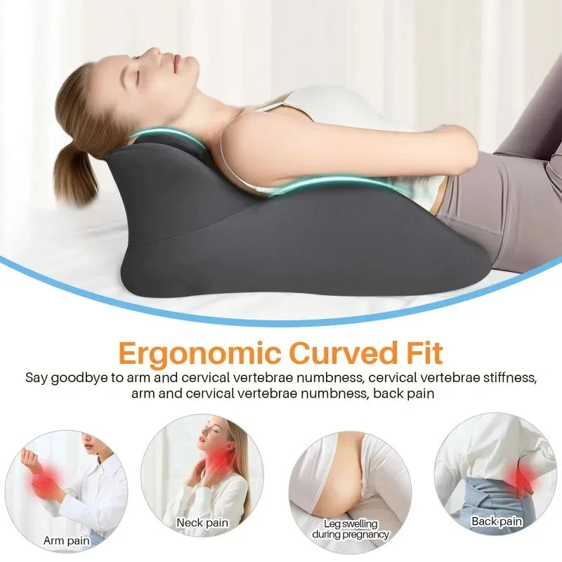 A person is lying down using an ergonomic curved fit memory foam wedge pillow for neck and arm support.