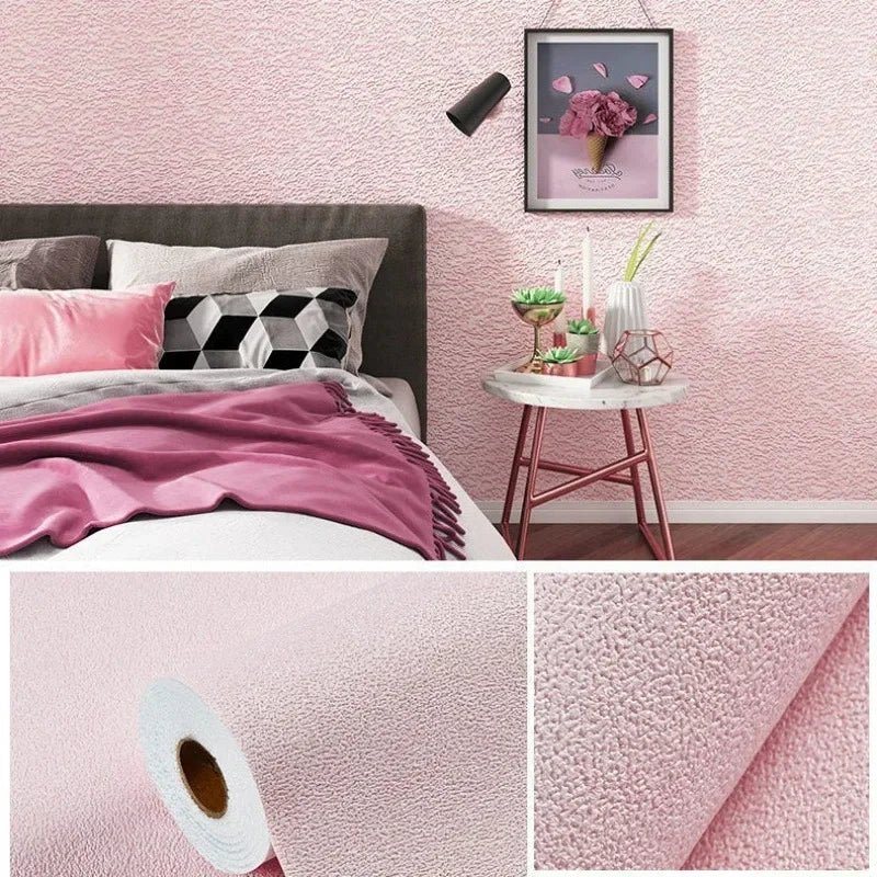 Pink self-adhesive 3D thermal insulation wallpaper with a linen texture applied to a bedroom wall.