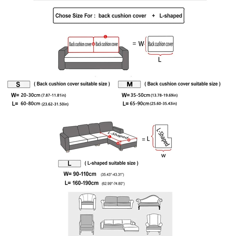 Diagrams showing size options for a back cushion cover and an L-shaped sofa cover with corresponding dimensions.
