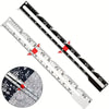 A precision metal sliding sewing gauge with multiple markings and a circular measuring tool for crafting.