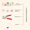 A set of precision button pliers including ten colored five-pronged buckles, matching bottom pieces, hand press pliers, and a