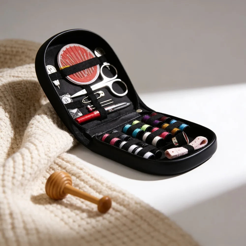 A black multi-functional sewing kit with various tools including scissors and needles is displayed on a beige knitted fabric.