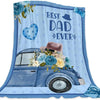 A light blue watercolor blanket featuring a vintage car, flowers, and text that reads Best Dad Ever.