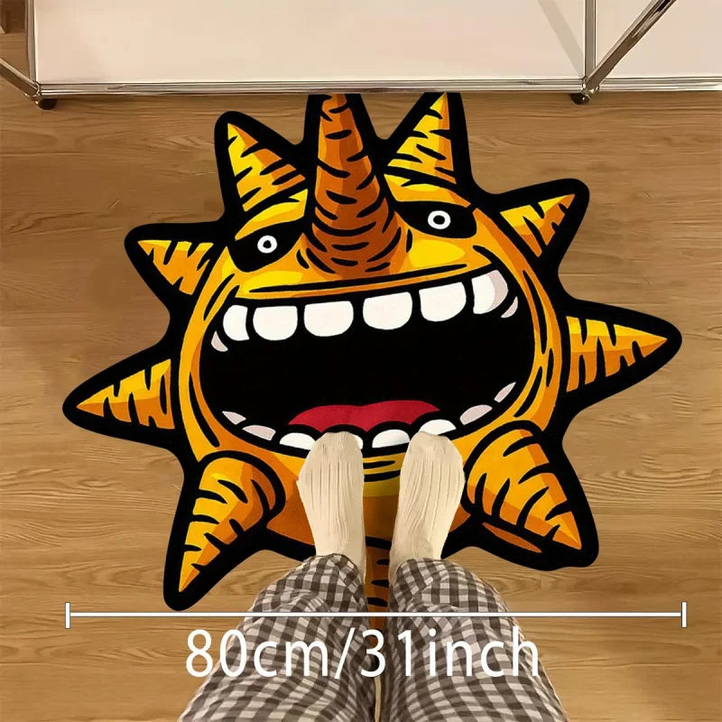 A cartoon sun monster shaped anti-slip floor mat is shown from the back, with a measurement line indicating 80cm/31inch.