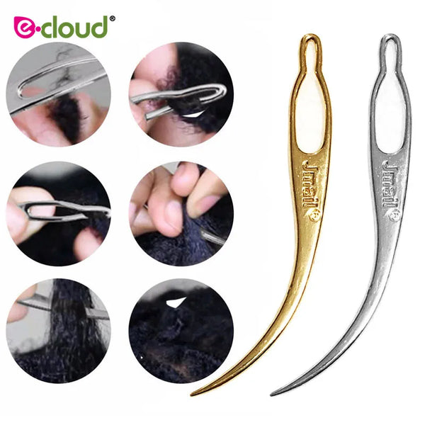 A set of gold and silver dreadlock starting needles and hooks for hair extensions.