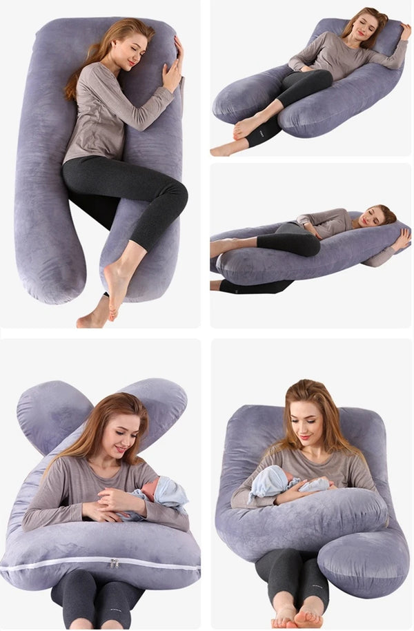 A gray U-shaped maternity body pillow shown in various poses and contexts.