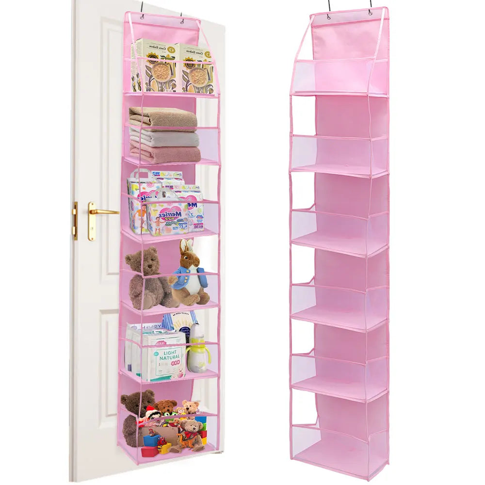A pink foldable over-the-door storage organizer with multiple clear pockets for organizing various items.