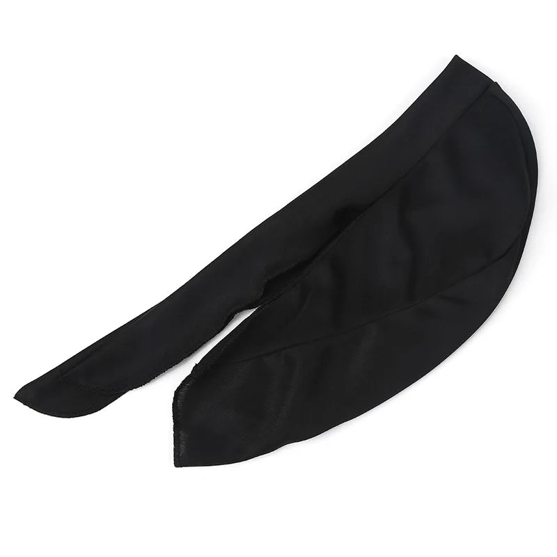 Black paisley print unisex headwrap shown flat lay