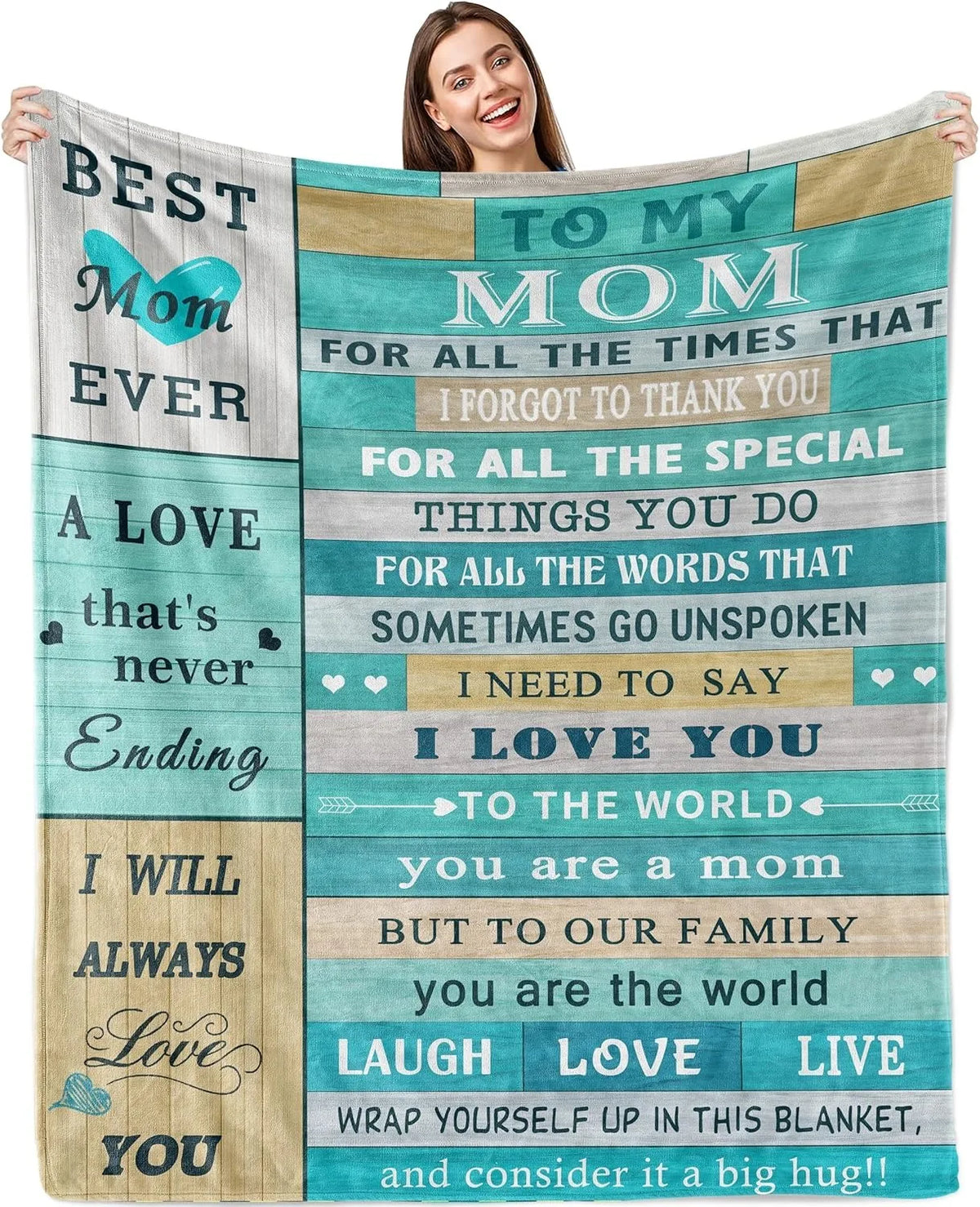 A soft printed throw blanket with text encouraging love and appreciation for a mom