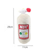 A white, soft-textured bottle shaped like a car neck pillow or waist cushion with a red nozzle.