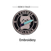 Black embroidery patch featuring a cute cat holding a knife with the word VIOLENCE around it.