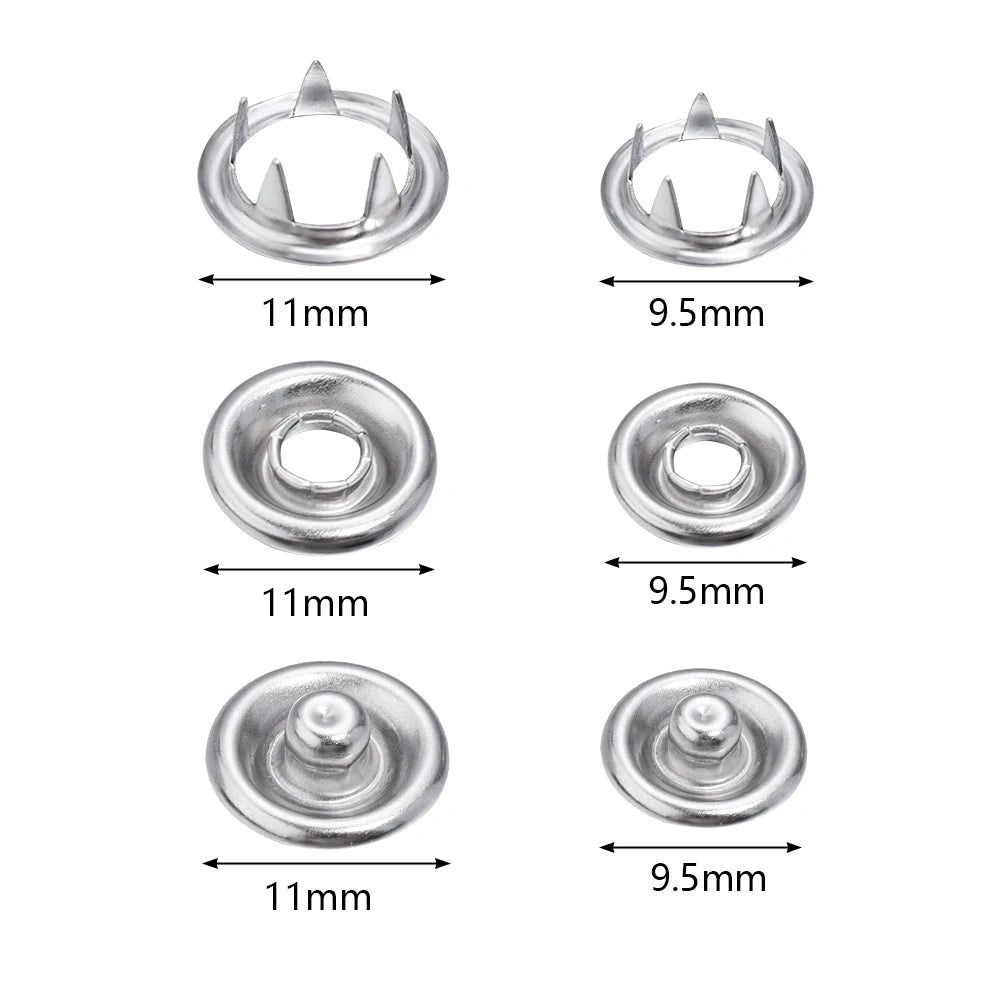 A set of precision iron snap buttons in silver metal, shown with various sizes and profiles.