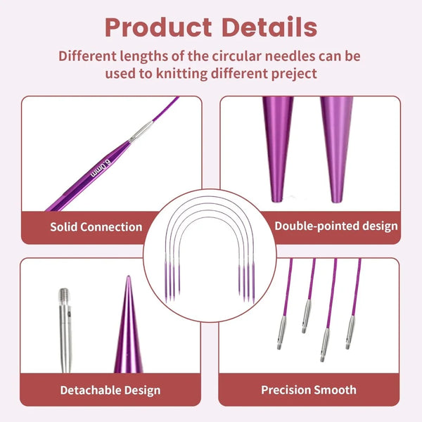 A set of interchangeable purple aluminum knitting needles showing various designs including solid connection, double-pointed,