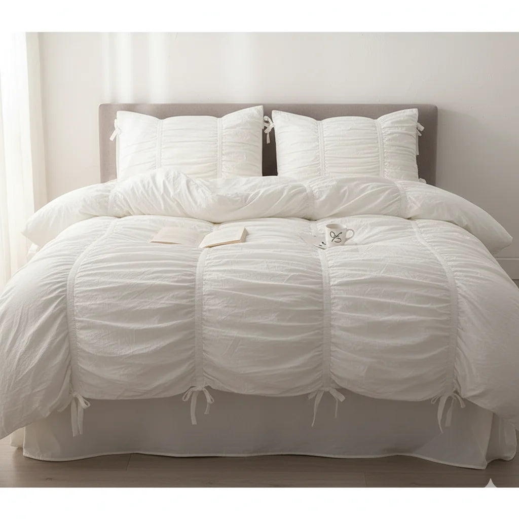 A pure white princess ruffle cotton bedding set with pillows and a duvet on a bed.