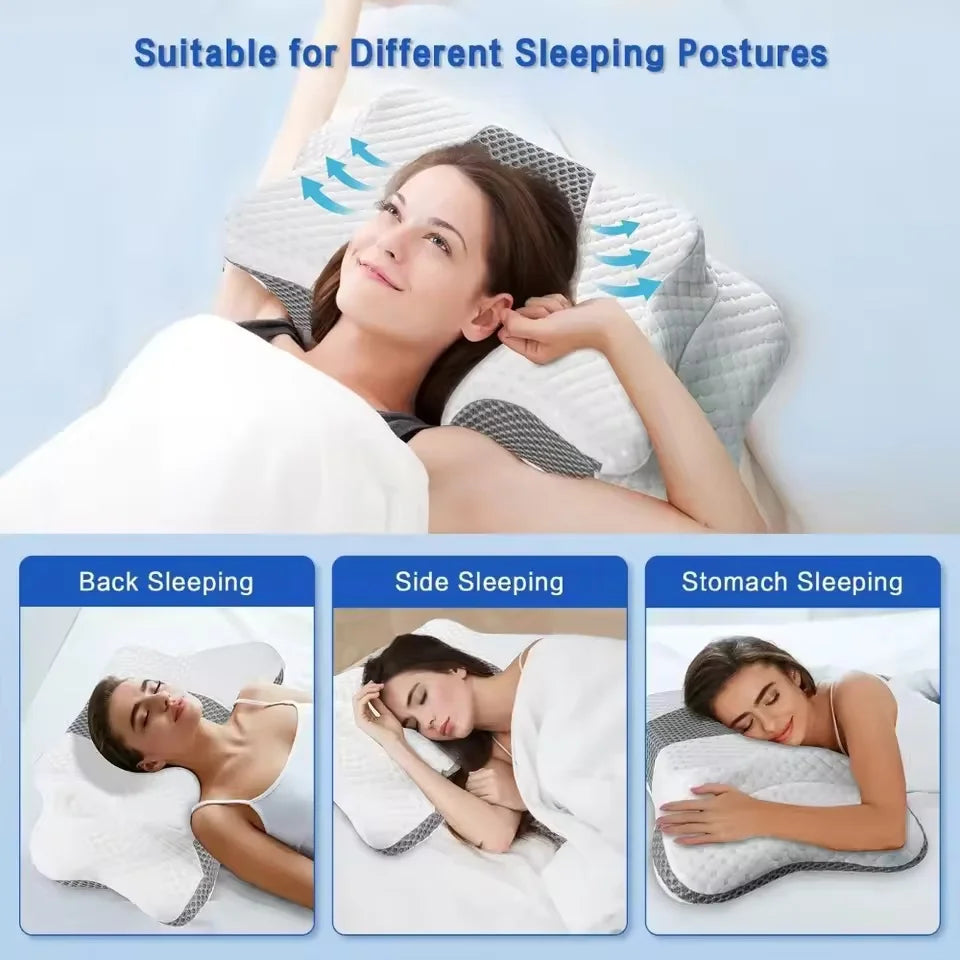 Ergonomic memory foam neck pillow shown in use for back, side, and stomach sleeping postures.