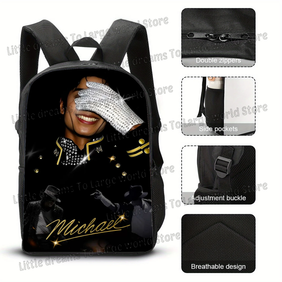 Black backpack featuring a person's face design, with details showing double zippers, side pockets, adjustment buckle, and br