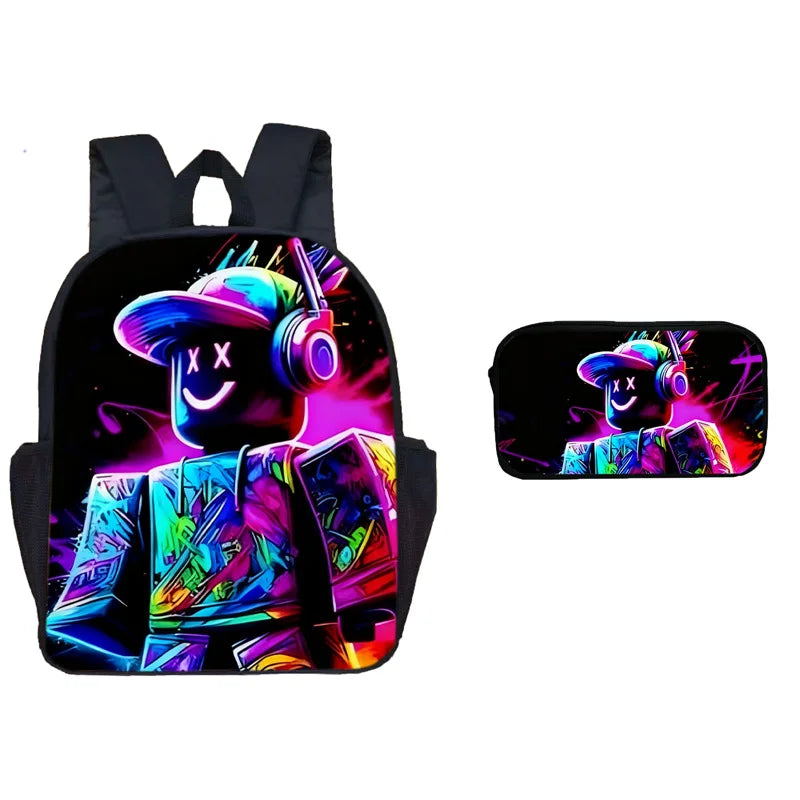 Black dual-sided backpack and pen case set featuring a stylized Roblox character design