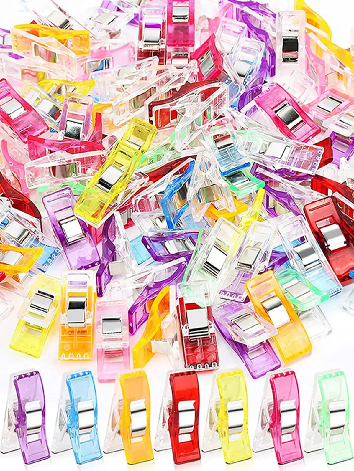 Assorted colorful multipurpose sewing and craft clips in various translucent colors