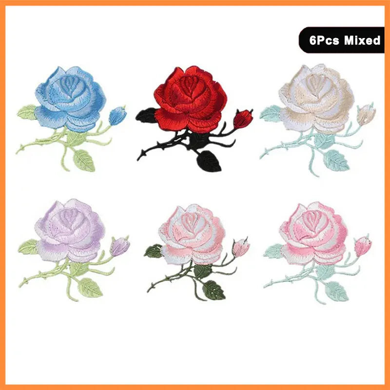 A set of six mixed embroidered iron-on patches featuring various colors and shades of roses.