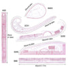 A set of six flexible French curve rulers for sewing and pattern drafting shown with various measurements.